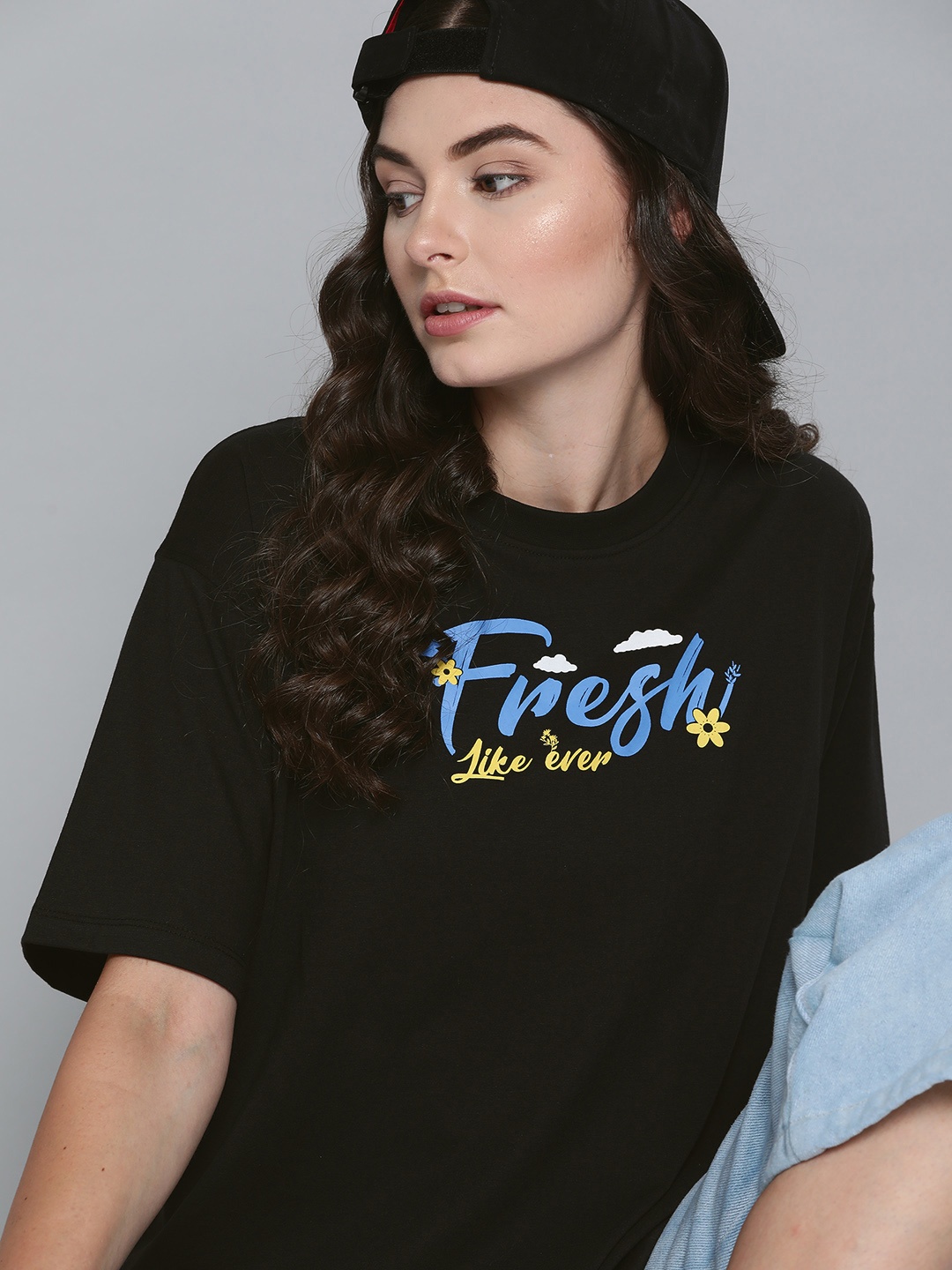

Kook N Keech Women Black & Blue Boxy Printed Round Neck Oversized T-shirt