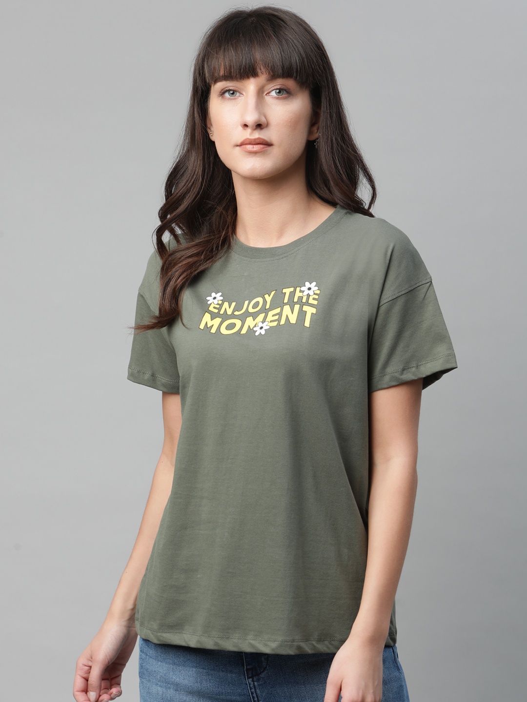 

Kook N Keech Women Olive Green Printed Round Neck Pure Cotton T-shirt