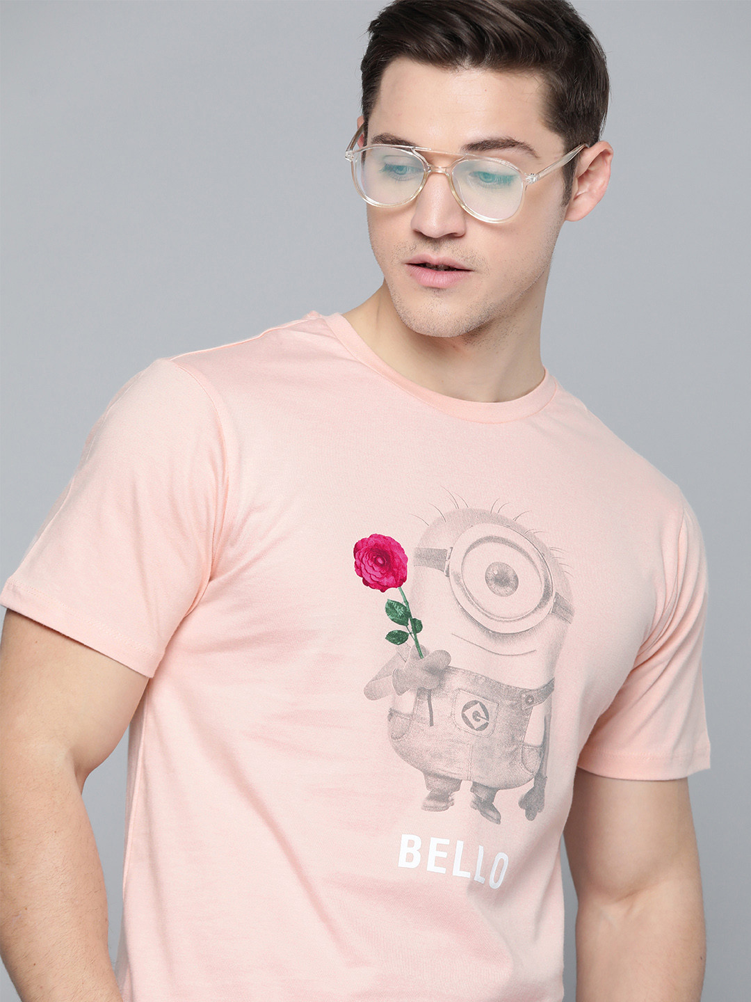 

Minions by Kook N Keech Men Pink & Charcoal Grey Printed Pure Cotton Round Neck T-shirt