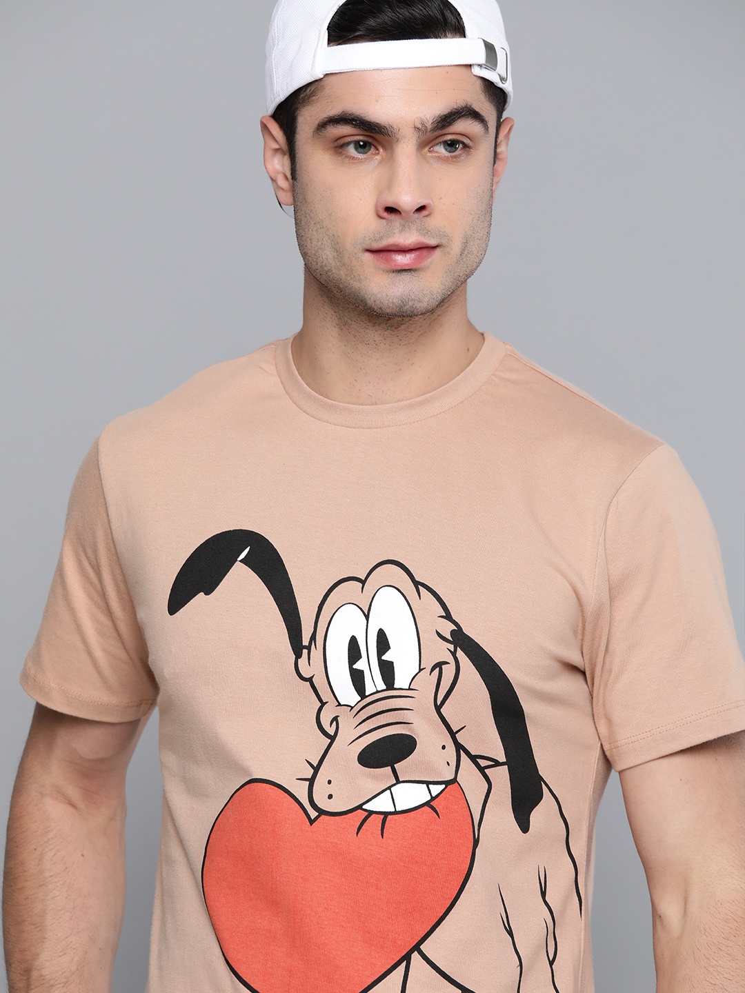 

Kook N Keech Disney Men Dusty Pink Black Pure Cotton Pluto Print Round Neck Pure Cotton T-shirt