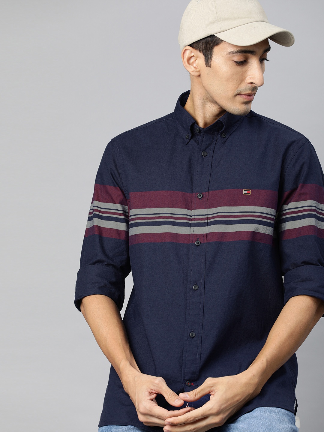 

Tommy Hilfiger Men Navy Blue & Maroon Striped Pure Cotton Casual Shirt