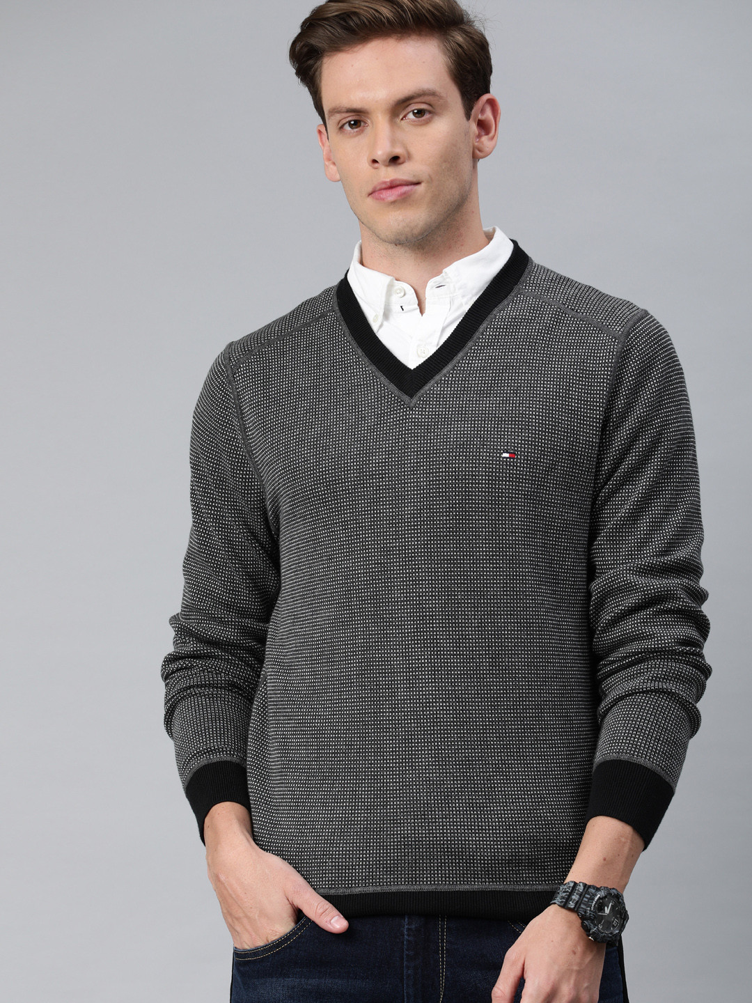 

Tommy Hilfiger Men Black & White Self Design Pullover Sweater