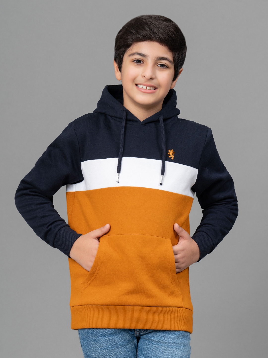 

Red Tape Boys Navy Blue & Orange Colourblocked Hooded Sweatshirt