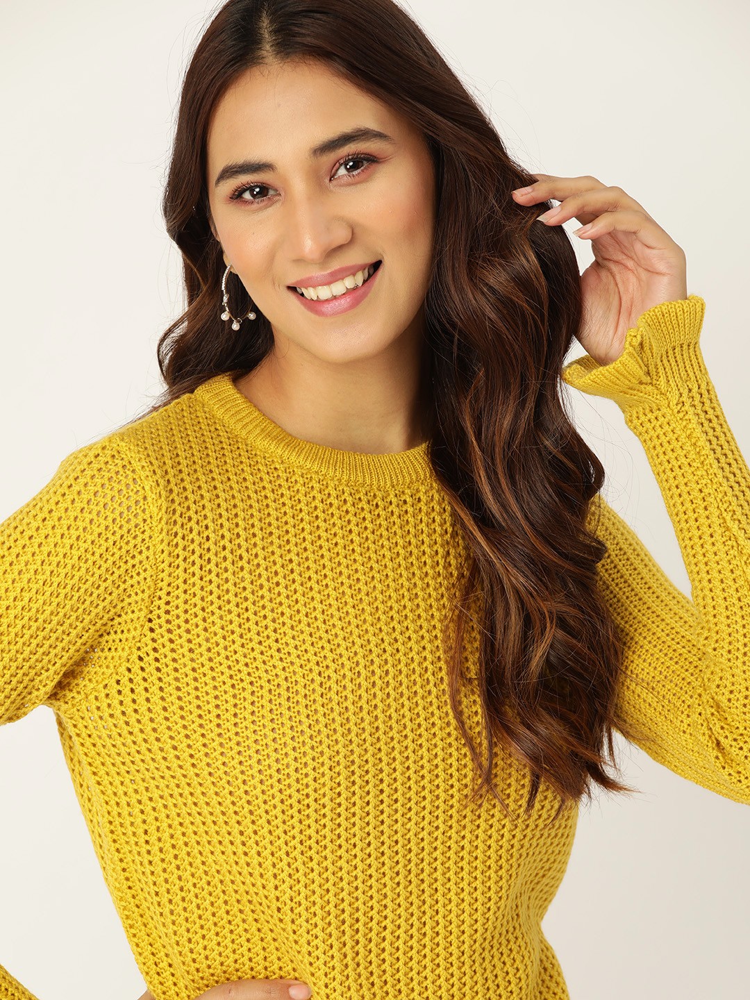 

DressBerry Women Mustard Yellow Open Knit Pullover Sweater