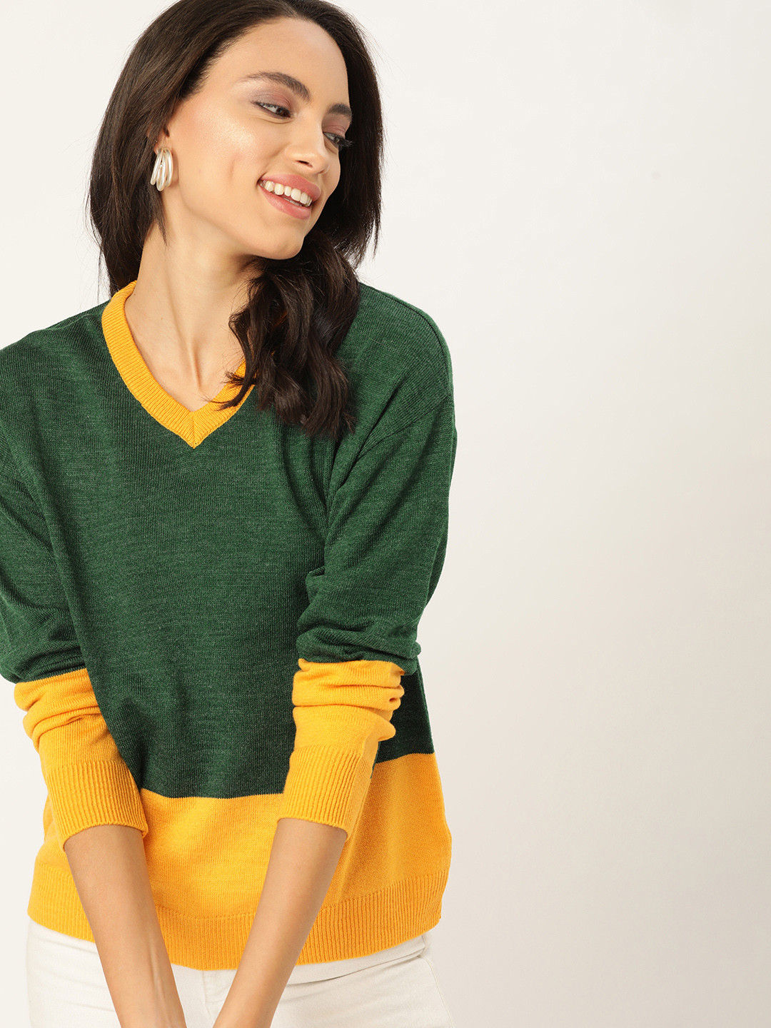 

DressBerry Women Green & Mustard Yellow Colourblocked Pullover Sweater