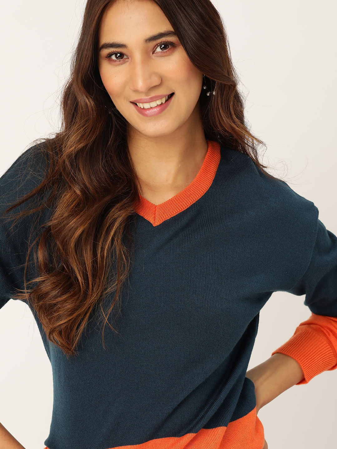 

DressBerry Women Navy Blue & Orange Colourblocked Pullover