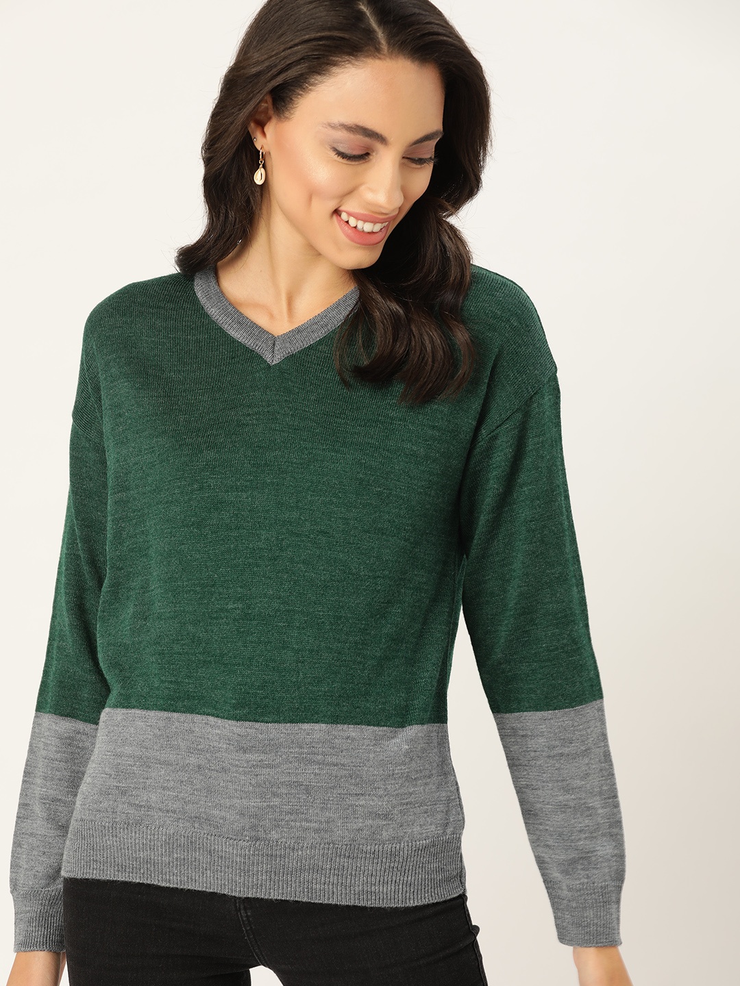 

DressBerry Women Green & Grey Melange Colourblocked Acrylic Pullover Sweater