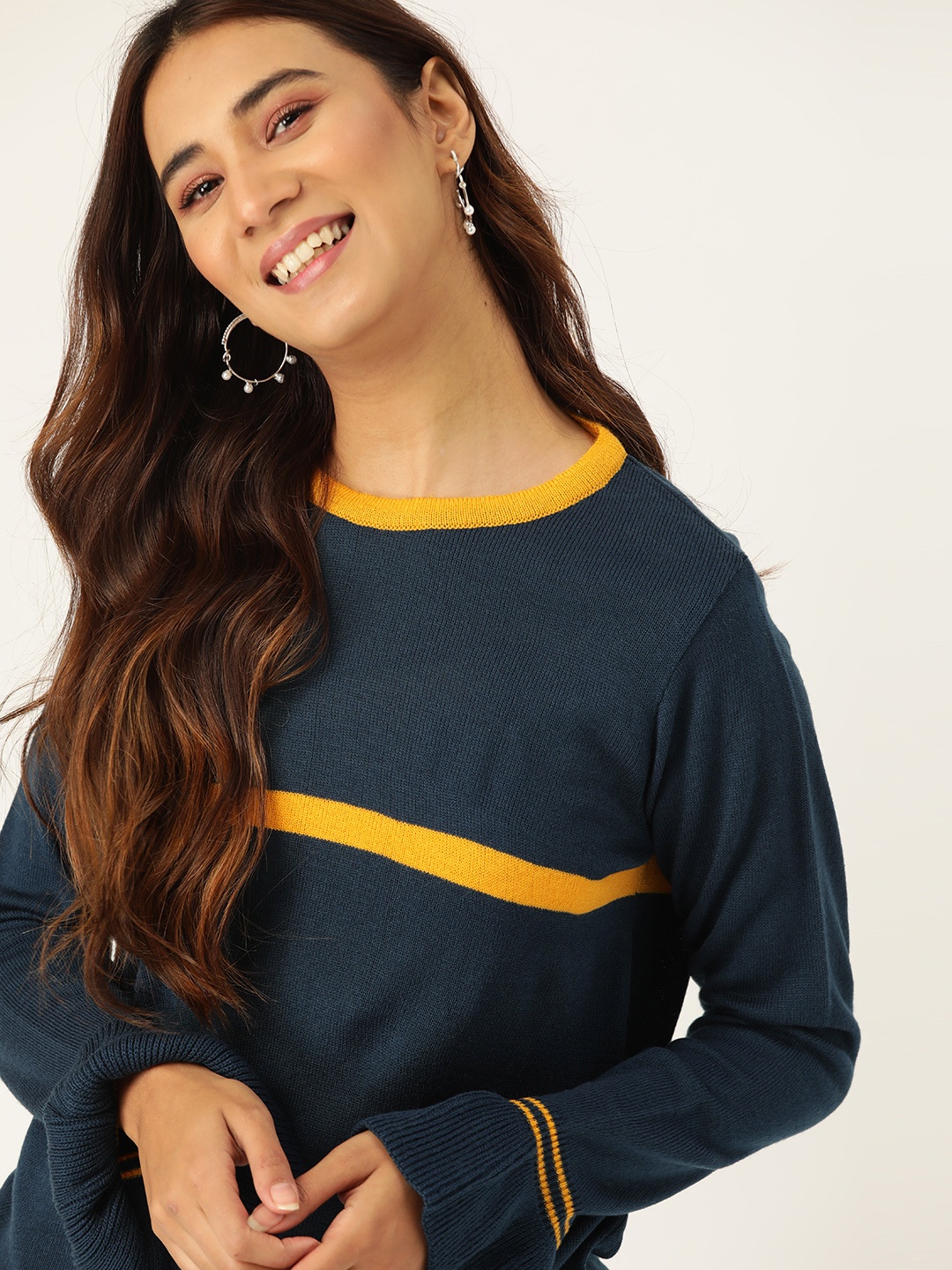 

DressBerry Women Navy Blue & Yellow Stripe Detail Pullover