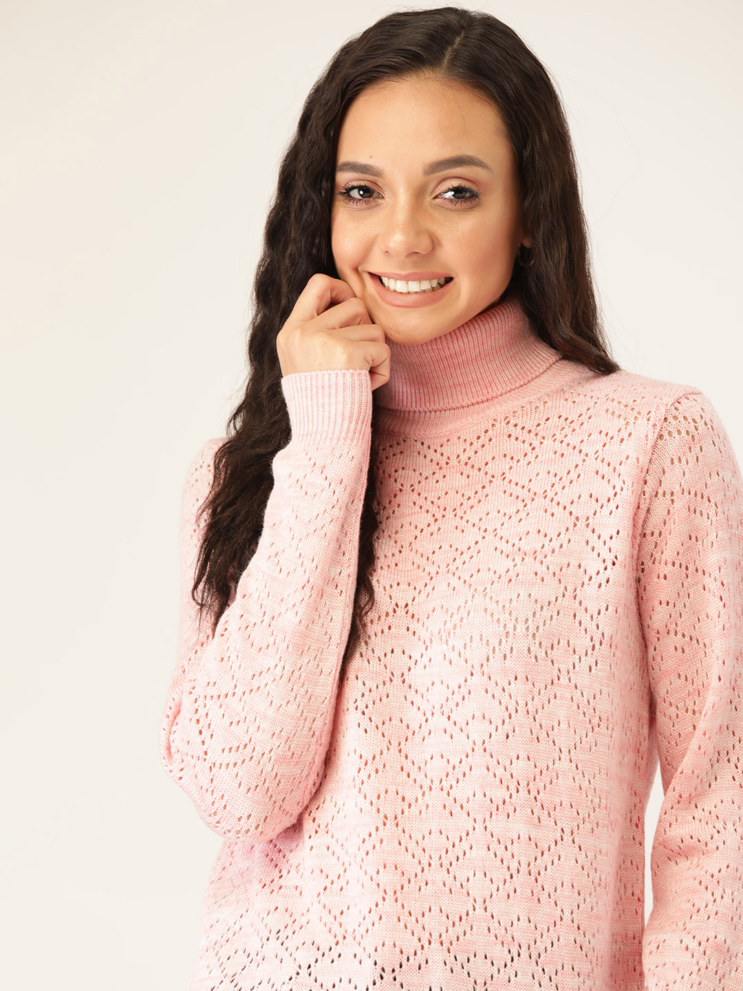 

DressBerry Women Pink Open Knit Pullover Sweater