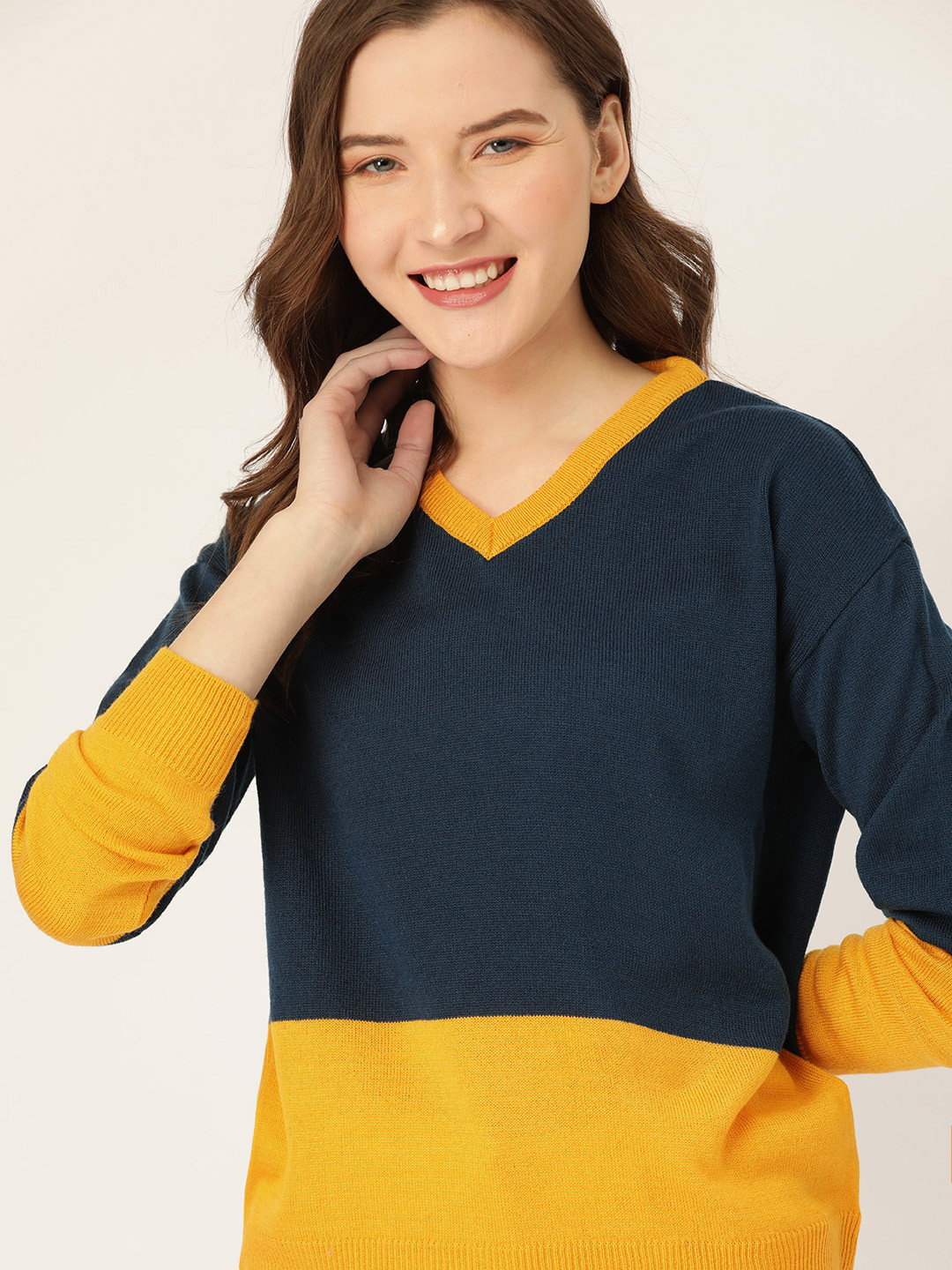 

DressBerry Women Navy Blue & Yellow Colourblocked Pullover Sweater