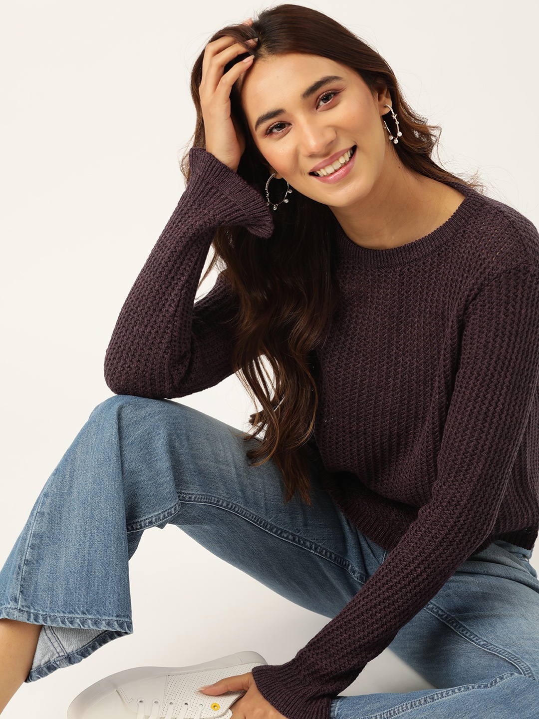 

DressBerry Women Purple Open Knit Pullover