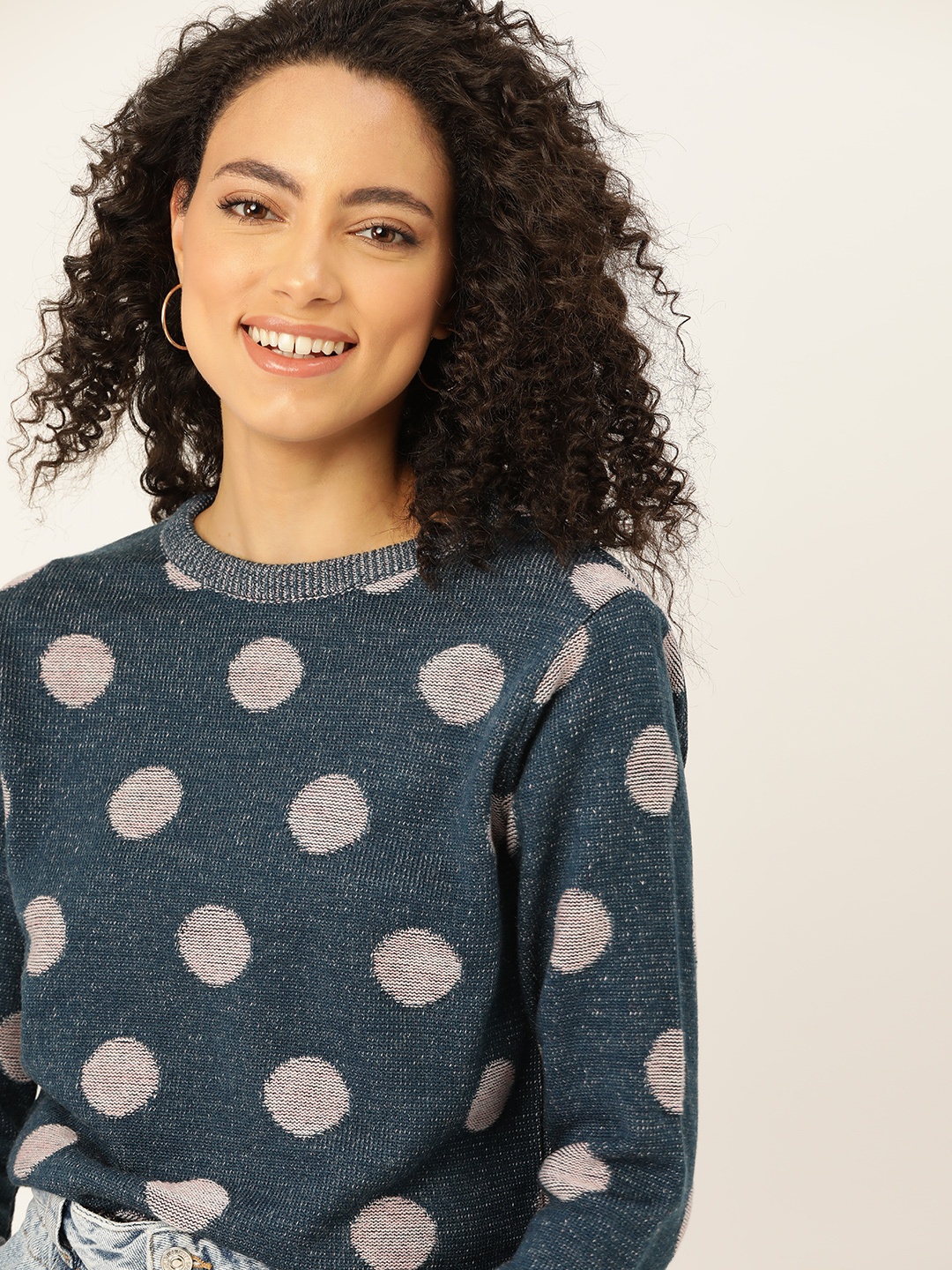 

DressBerry Women Acrylic Navy Blue & Grey Polka Dots Patterned Pullover Sweater