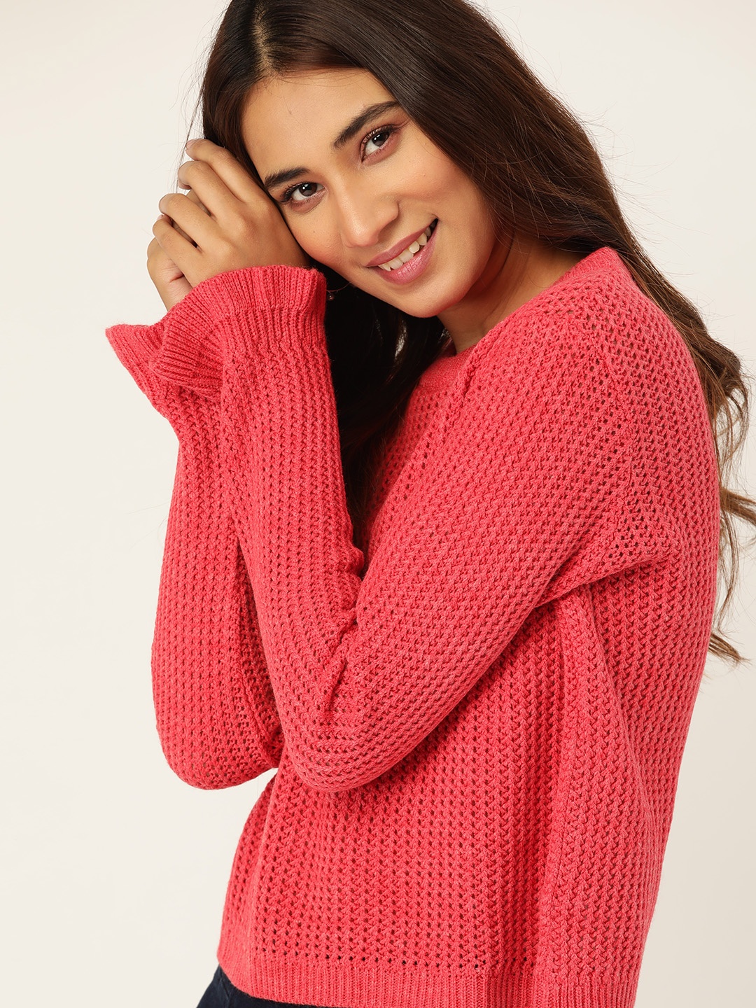 

DressBerry Women Pink Open Knit Pullover