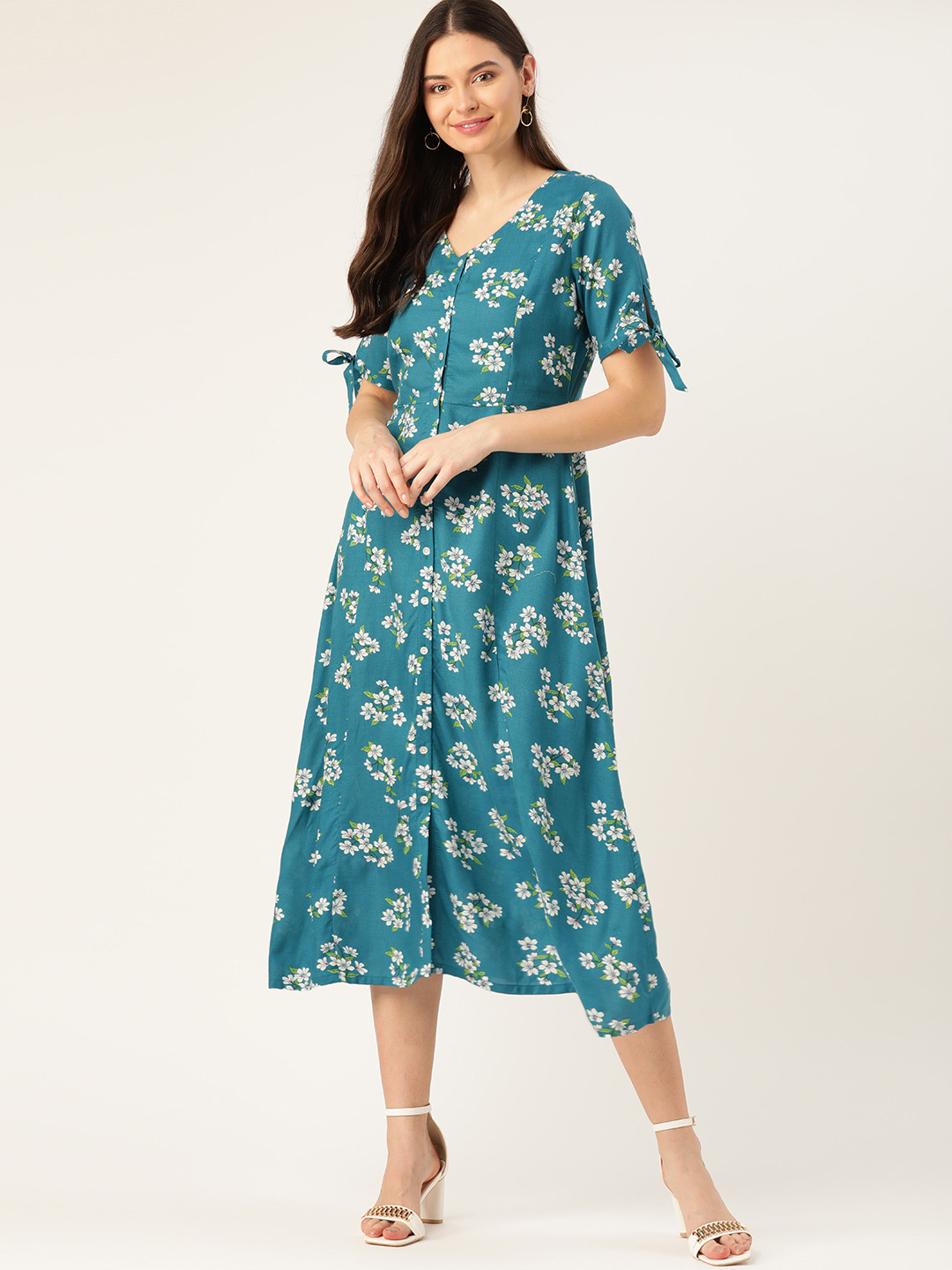 

DressBerry Women Teal Blue & White Floral Print A-Line Midi Dress