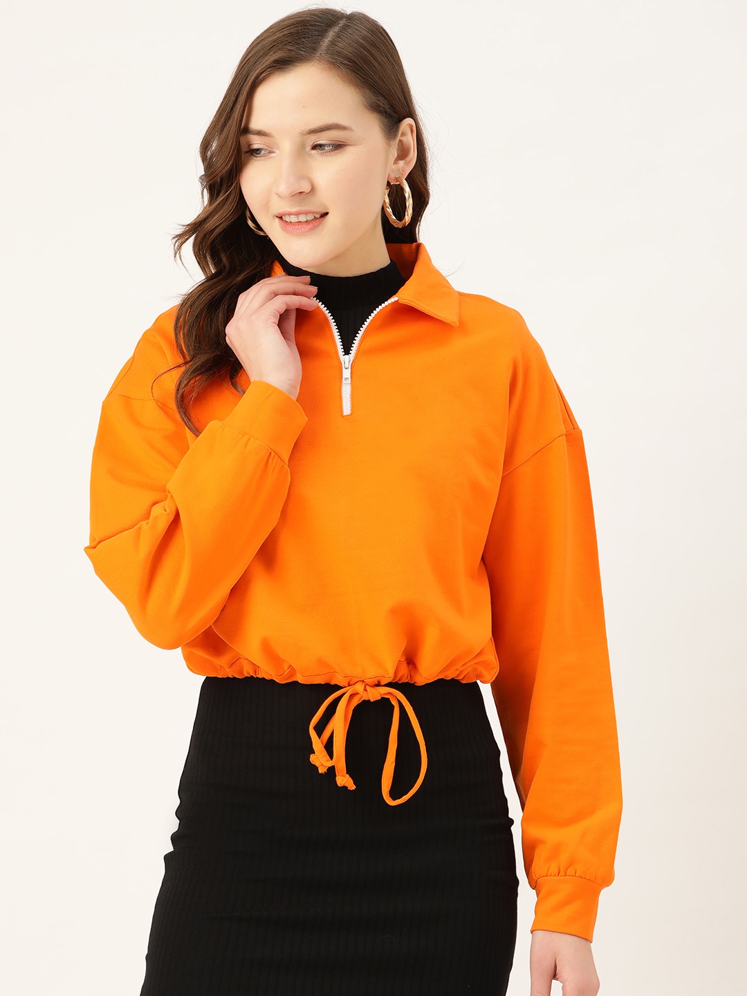 

Besiva Women Orange Solid Pure Cotton Shirt Collar Cropped Solid Sweatshirt