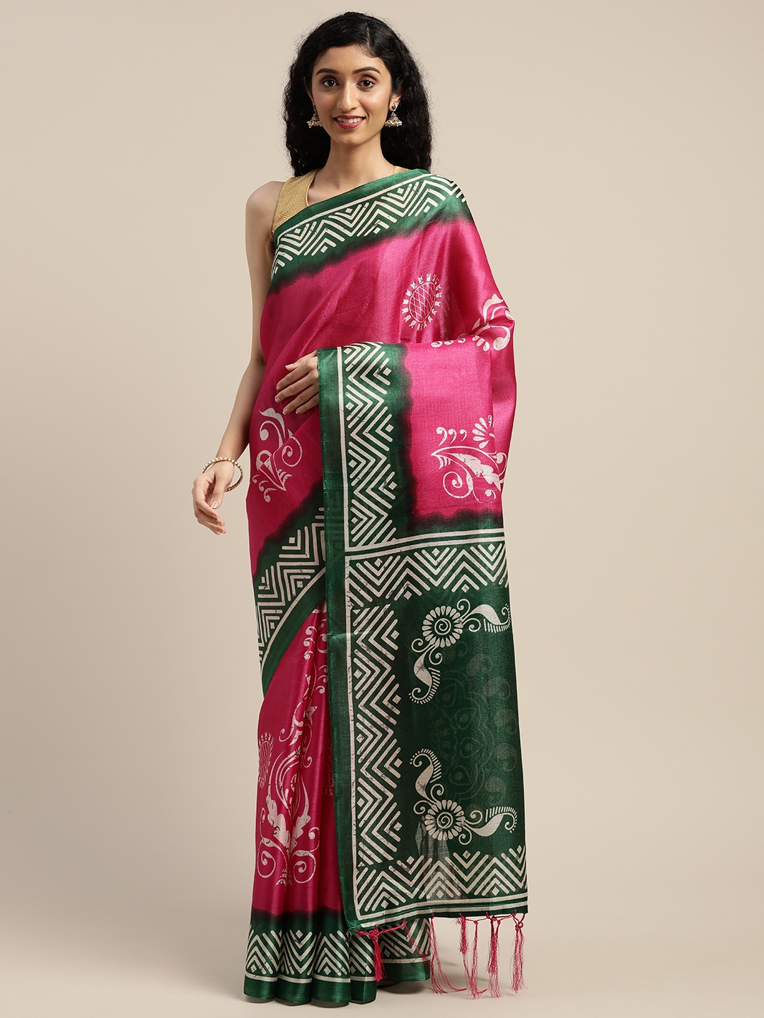 

Rajnandini Pink & White Silk Cotton Ethnic Printed Saree