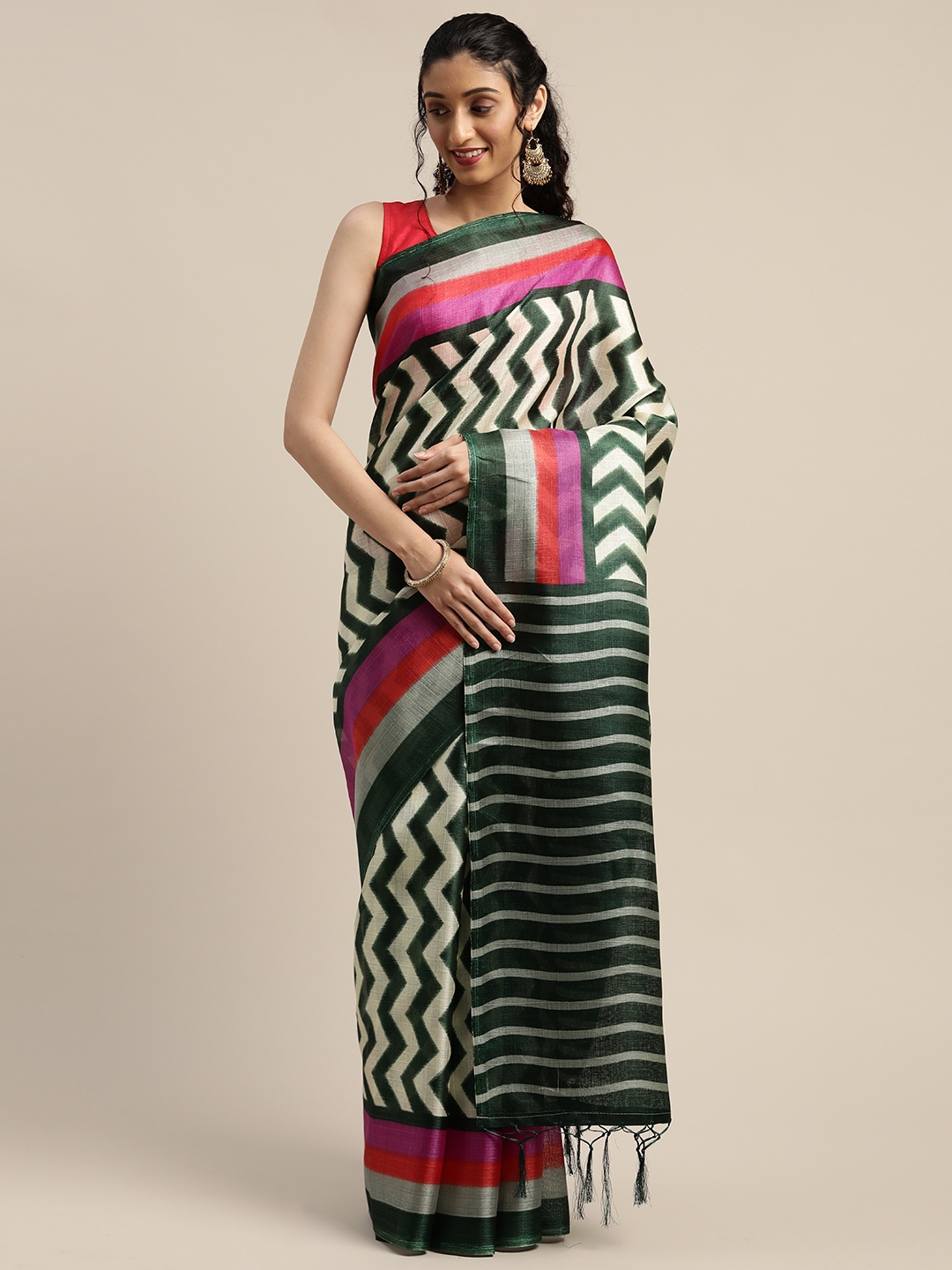 

Rajnandini Green & Beige Silk Cotton Striped Saree