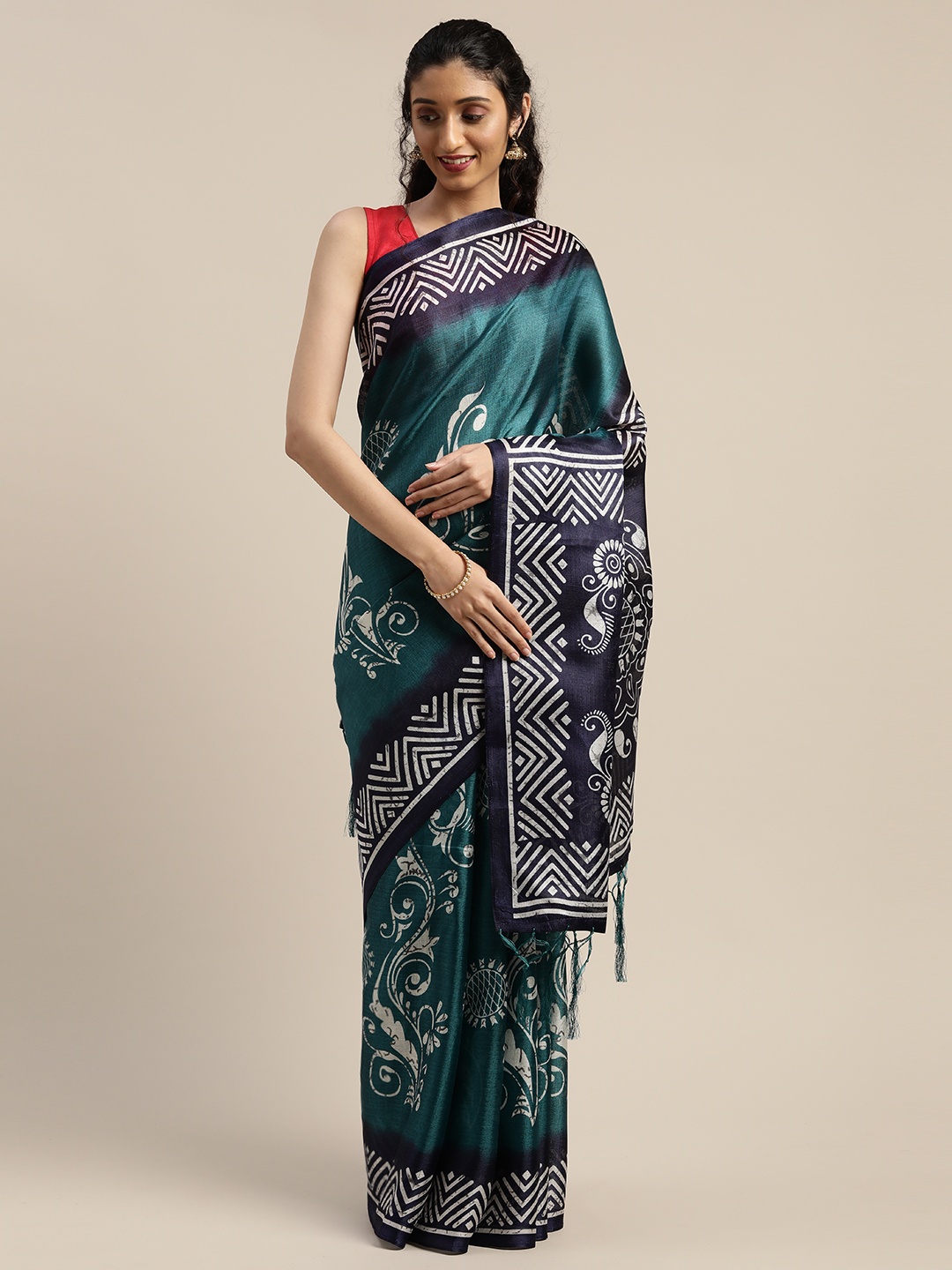 

Rajnandini Blue & Off-White Silk Cotton Printed Saree