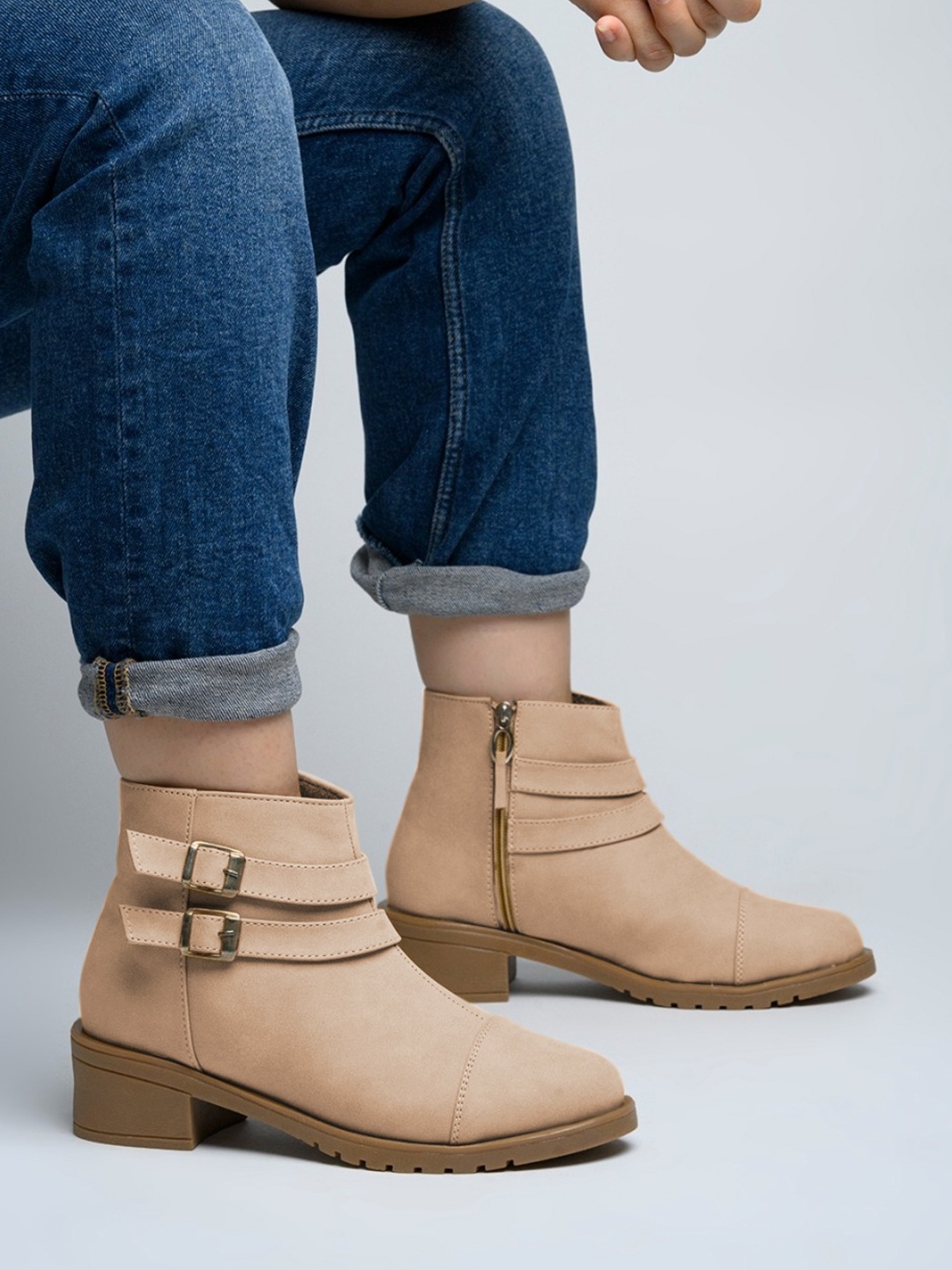 

Shoetopia Women Beige Solid Heeled Boots