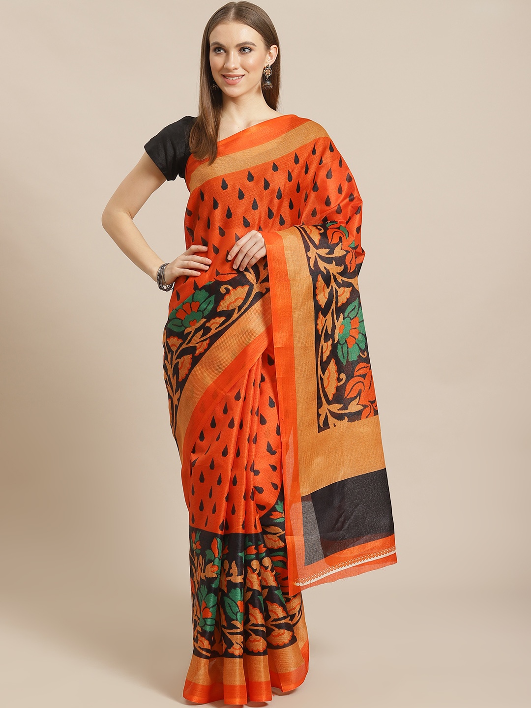 

KALINI Orange & Black Printed Saree