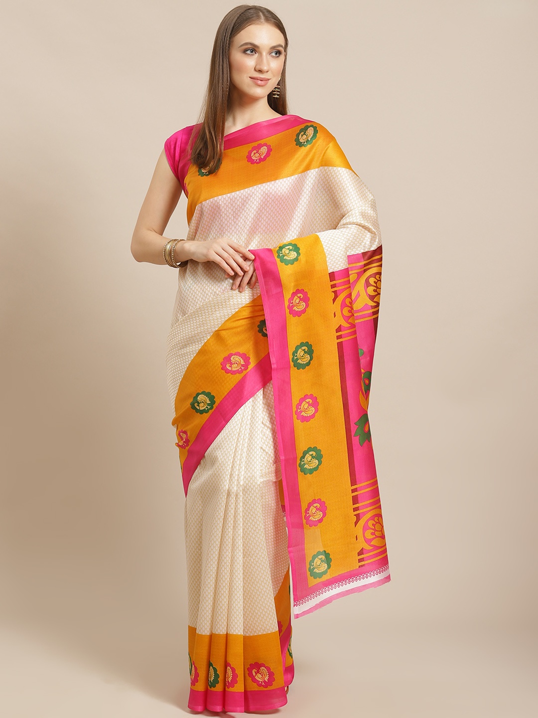 

KALINI Beige & Orange Printed Saree