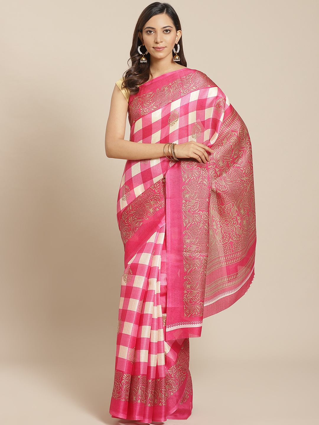 

KALINI Pink & White Checked Sustainable Mysore Silk Saree