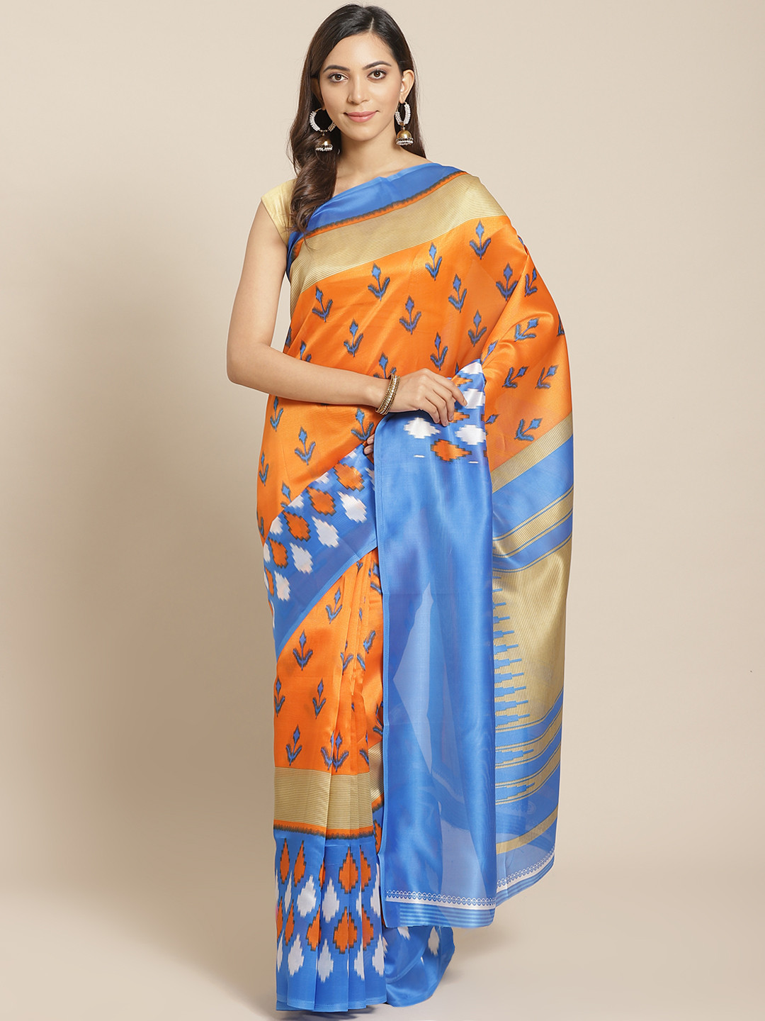 

KALINI Orange & Blue Printed Kanjeevaram Saree