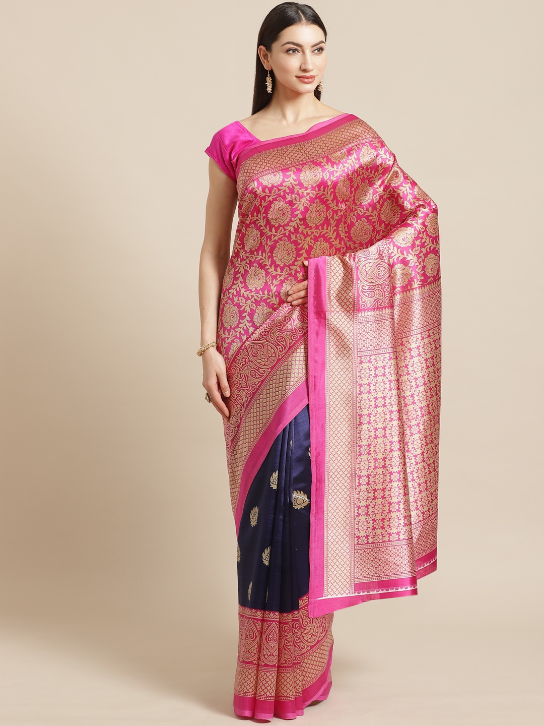 

KALINI Pink & Navy Blue Half & Half Printed Kanjeevaram Saree