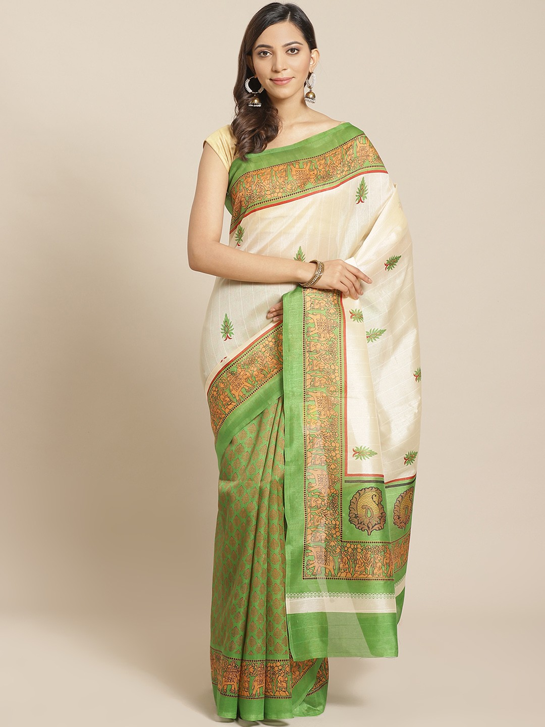 

KALINI Off-White & Green Pure Silk Half & Half Printed Bhagalpuri Saree