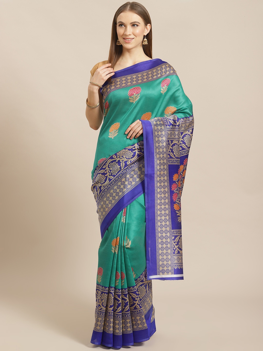 

KALINI Green & Blue Printed Kanjeevaram Saree