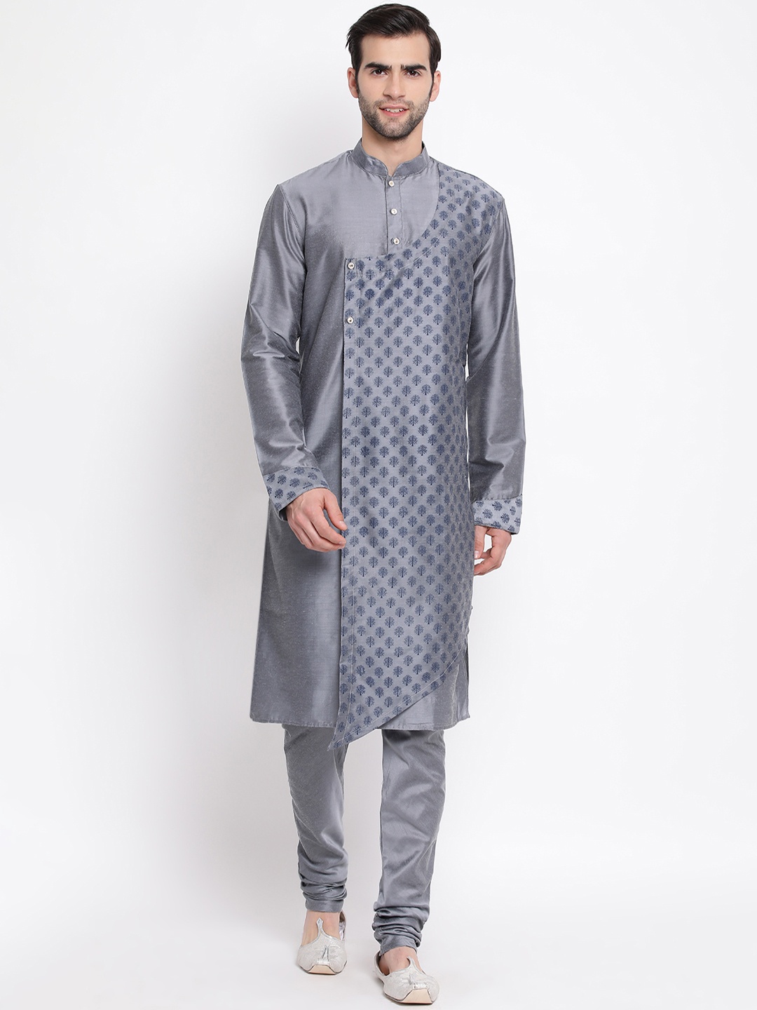 

VASTRAMAY Men Grey Woven Design Straight Layered Kurta