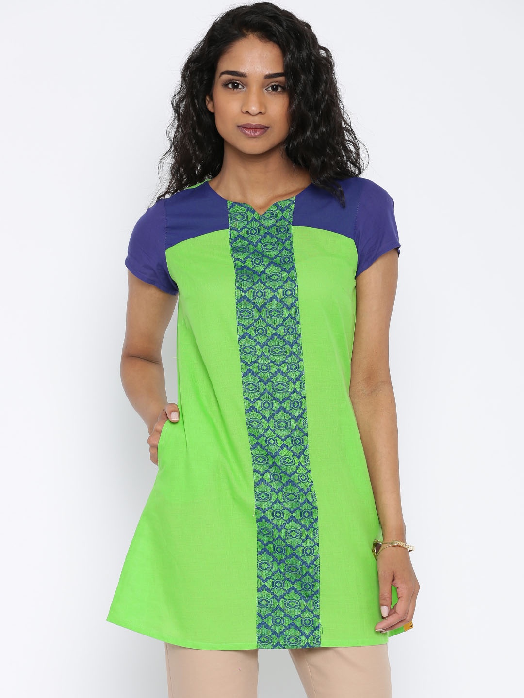 

Aurelia Lime Green Woven Design Pure Cotton A-Line Kurti