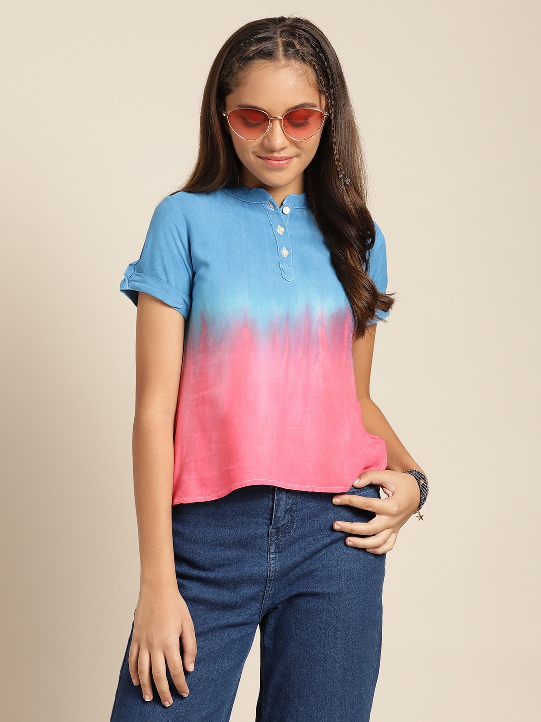 

Sangria Girls Blue & Pink Tie & Dye High-Low Hem Shirt Style Top