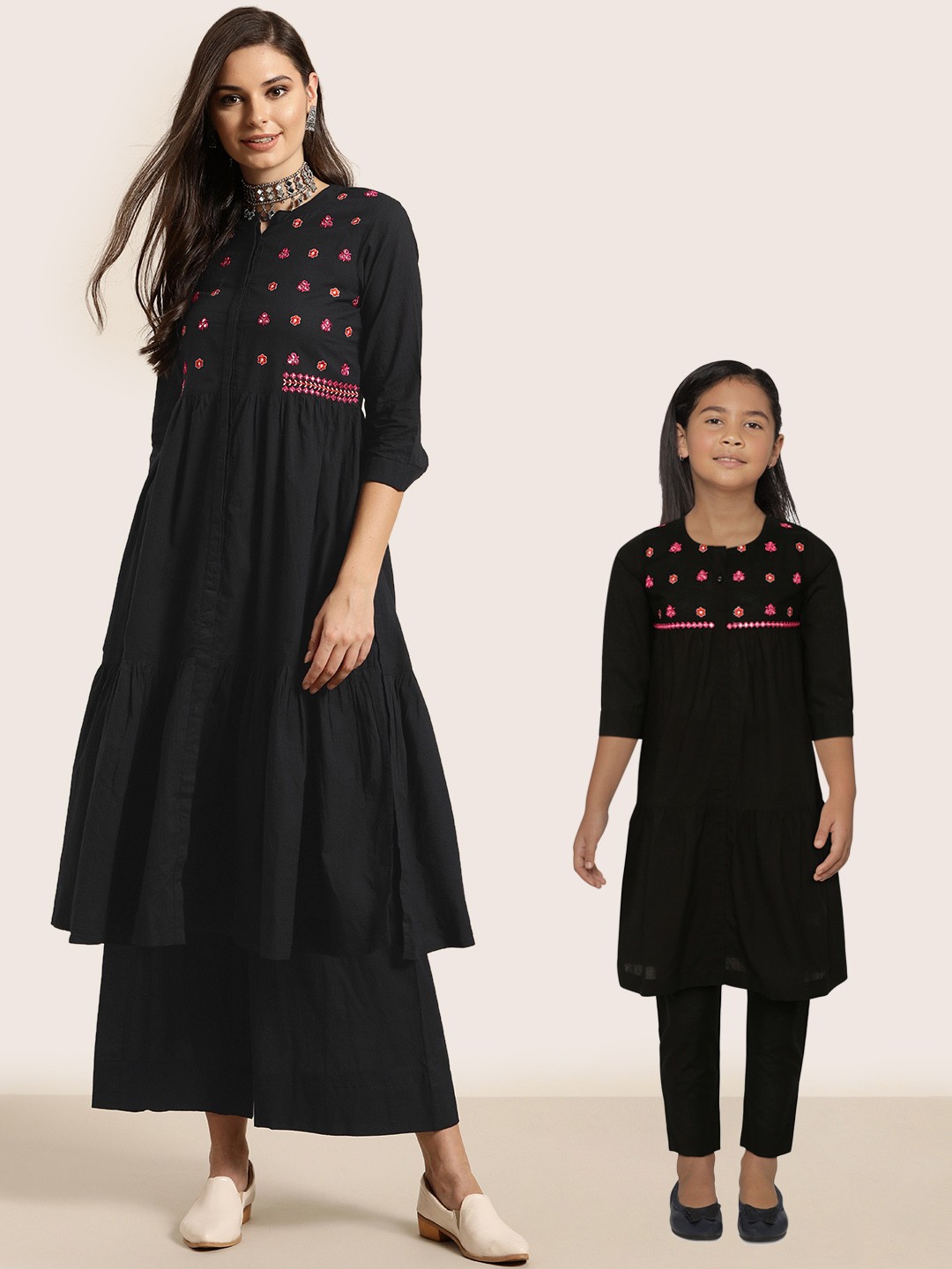 

Sangria Girls Black Pure Cotton Embroidered Yoke Design Kurta with Trousers