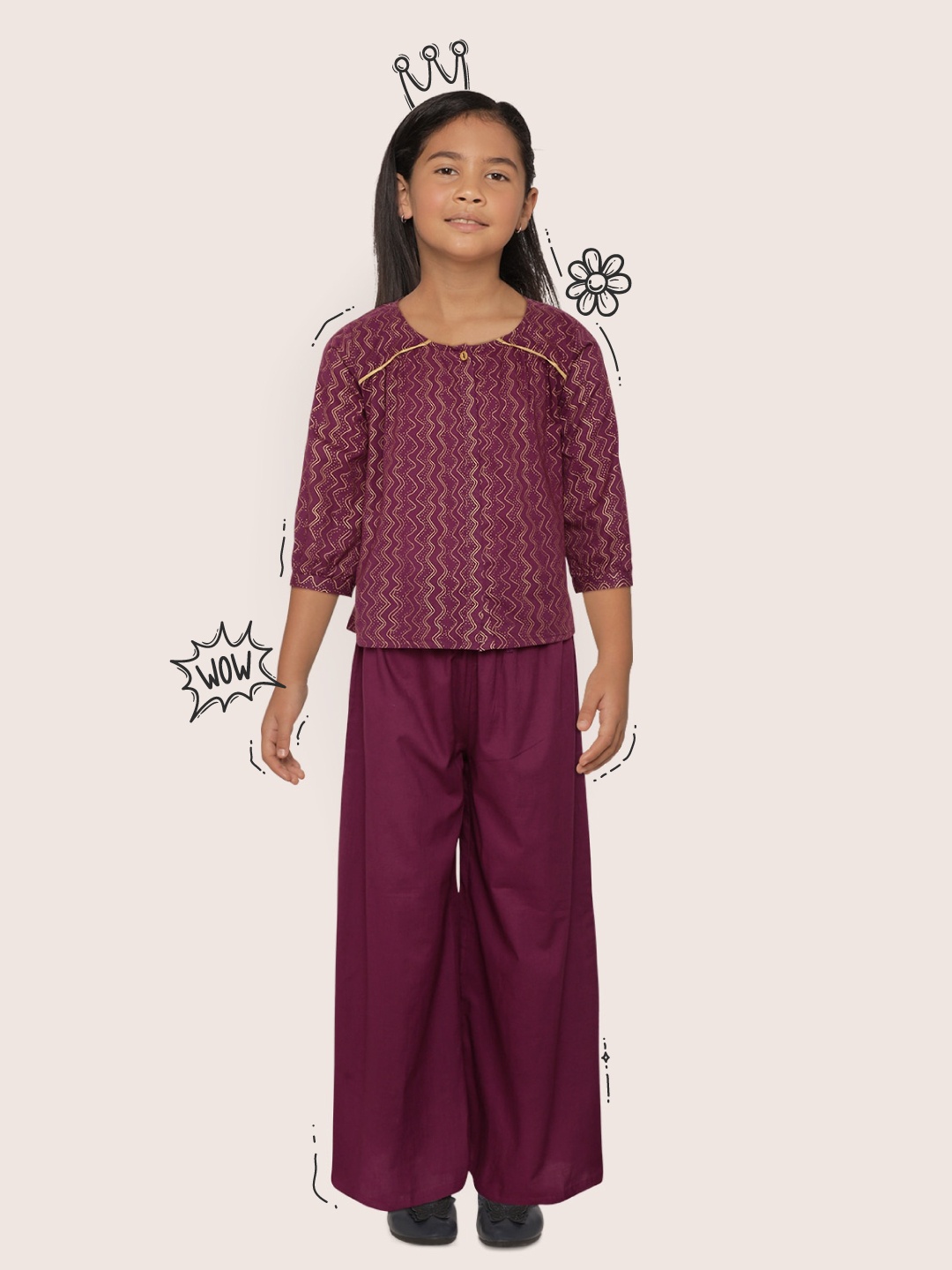 

Sangria Girls Purple Printed Pure Cotton Top with Palazzos