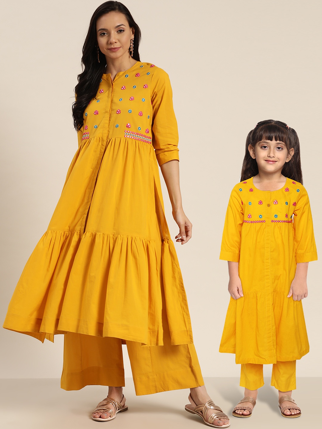 

Sangria Girls Mustard Yellow Pure Cotton Embroidered Yoke Design Kurta with Trousers