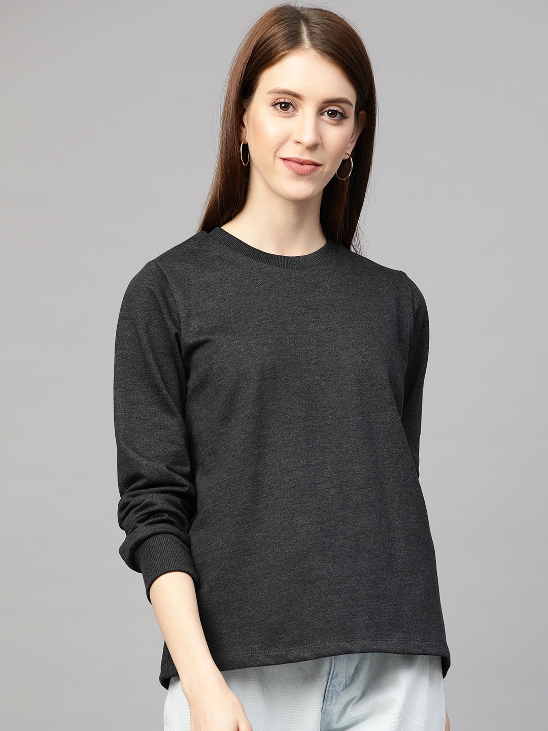 

Femella Women Charcoal Grey Solid Sweatshirt