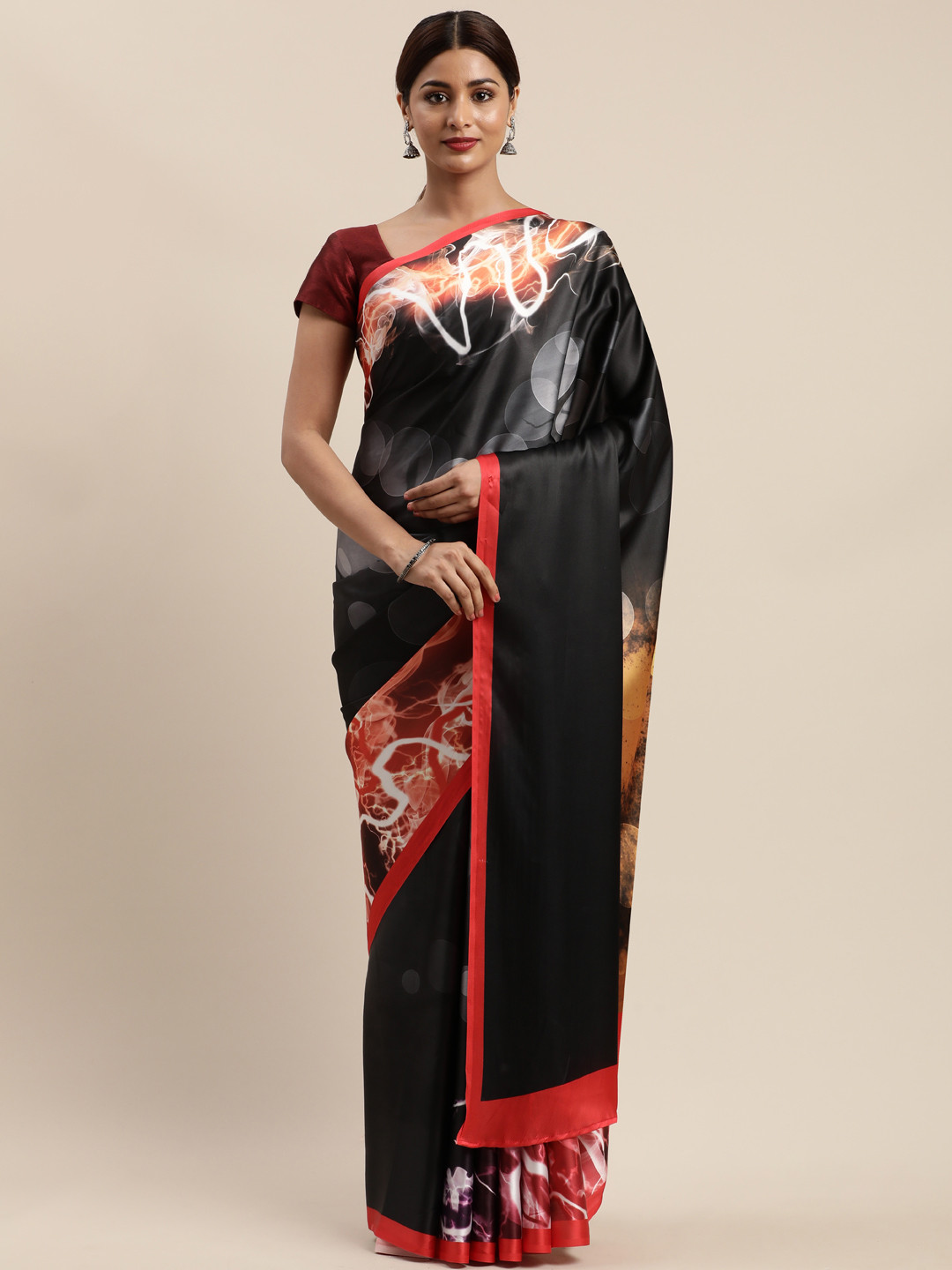 

Mirchi Fashion Black & Yellow Satin Printed Saree