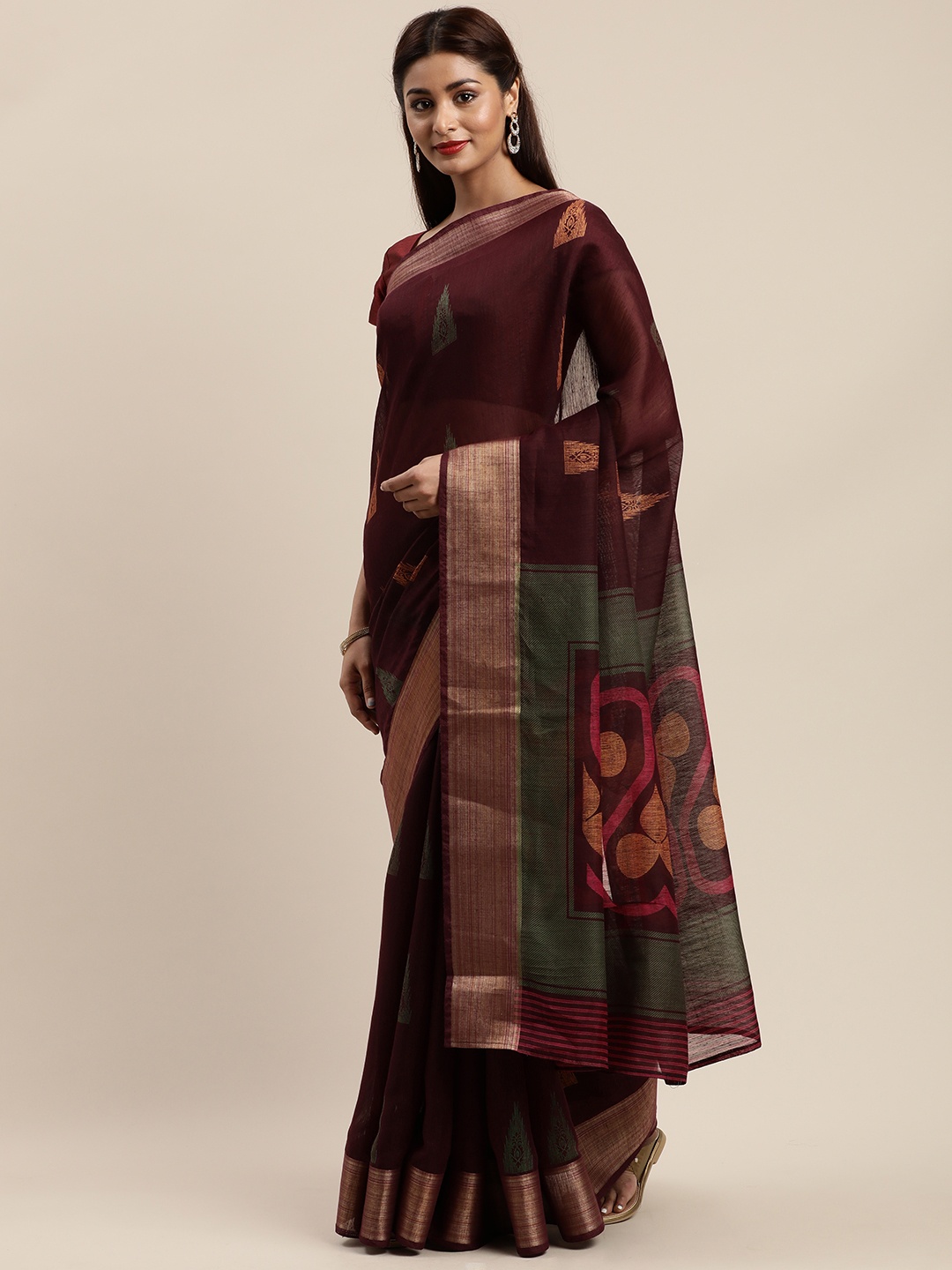 

MIRCHI FASHION Burgundy & Green Polycotton Printed Saree