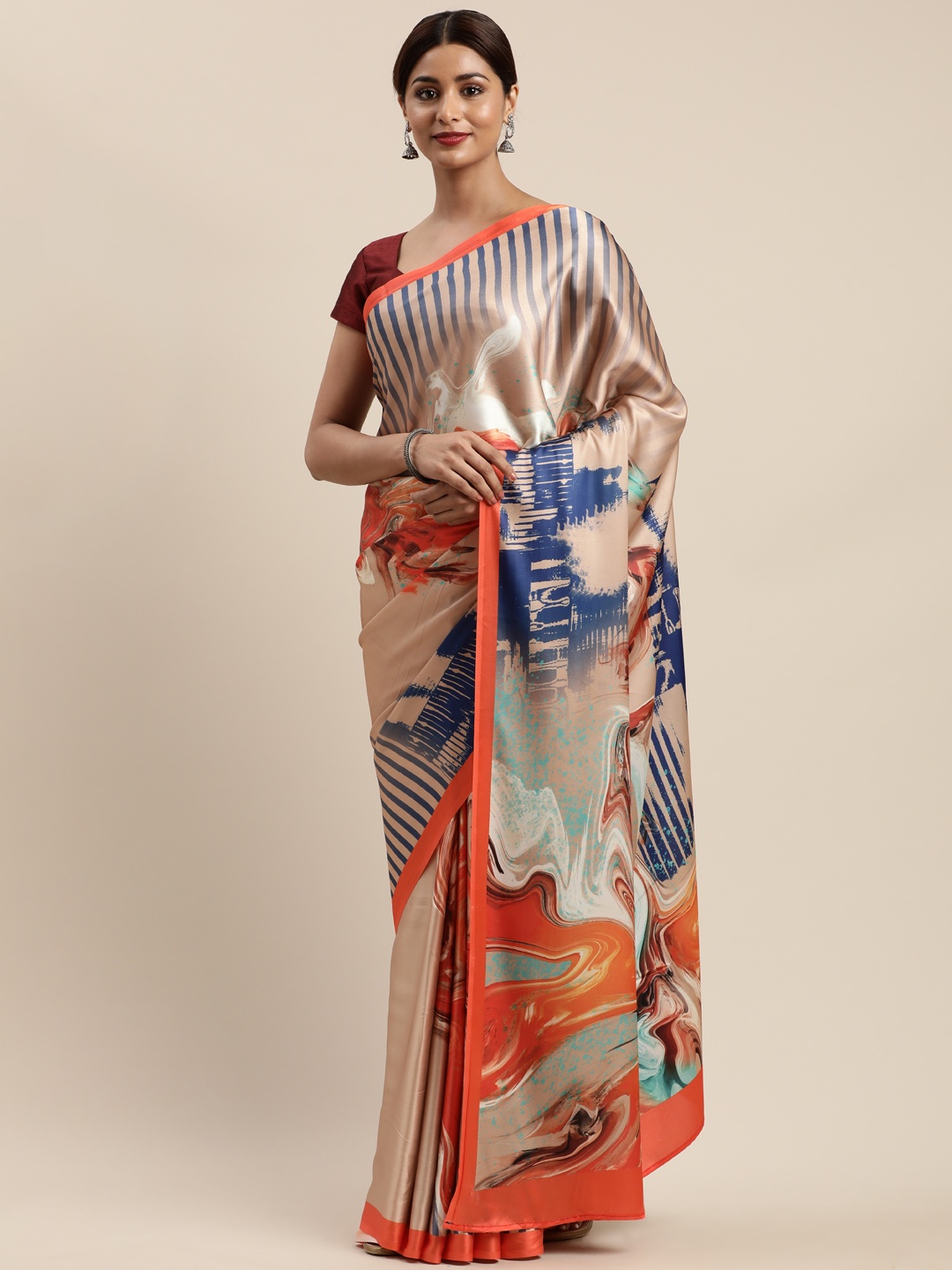 

MIRCHI FASHION Beige & Orange Satin Printed Saree