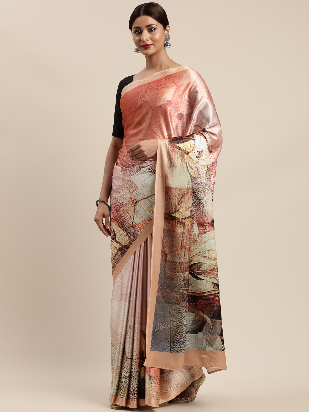 

MIRCHI FASHION Beige & Rust Red Satin Printed Saree