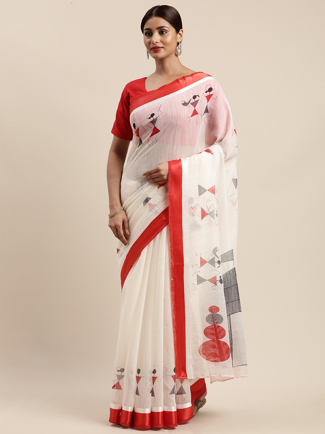 

MIRCHI FASHION Off-White & Red Polycotton Warli Printed Saree
