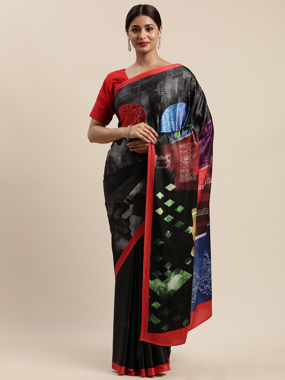 

Mirchi Fashion Black & Red Satin Printed Saree