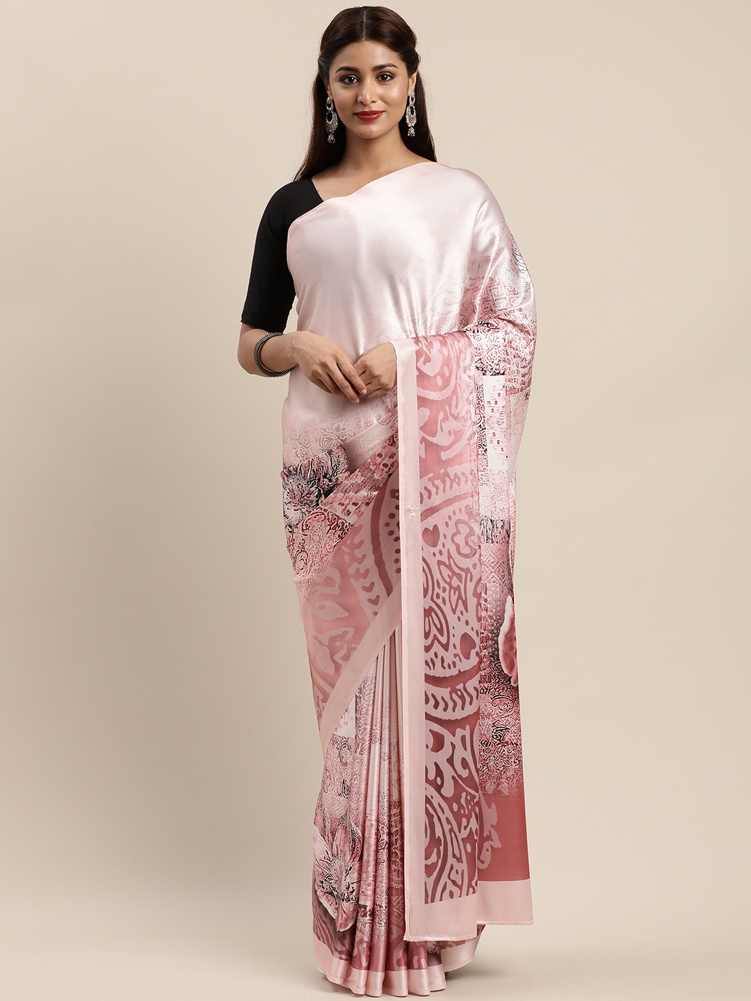 

Mirchi Fashion Pink & Brown Satin Floral Printed Saree