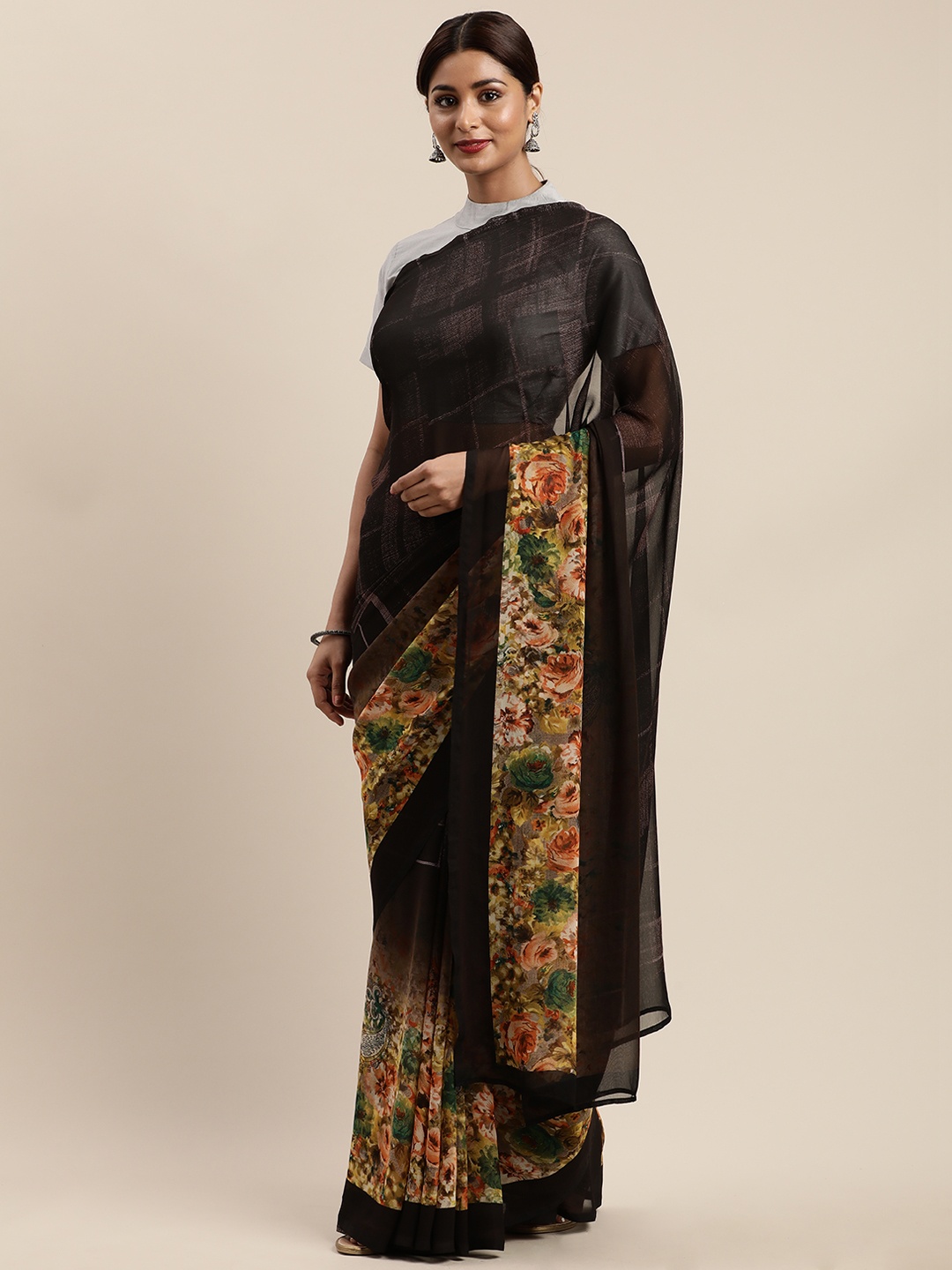 

Mirchi Fashion Black Poly Georgette Checked Saree with Printed Border