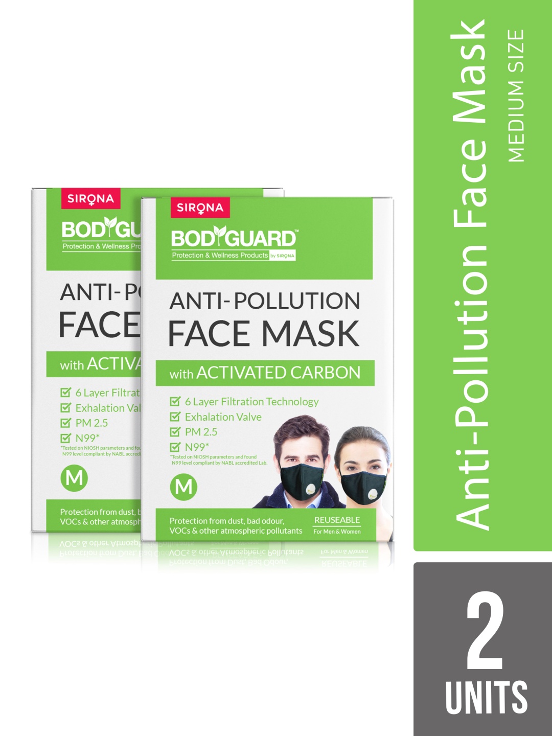 

BOD GUARD Unisex Pack of 2 6-Ply Reusable Anti-Pollution N99 PM2.5 Masks, Black