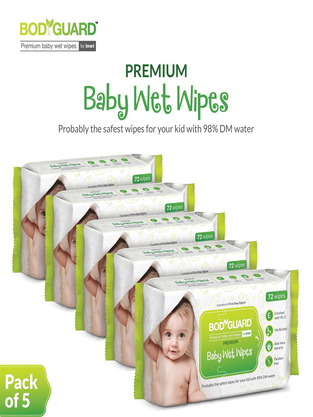 

BOD GUARD Pack Of 5 Baby Wet Wipes With Aloe Vera, White