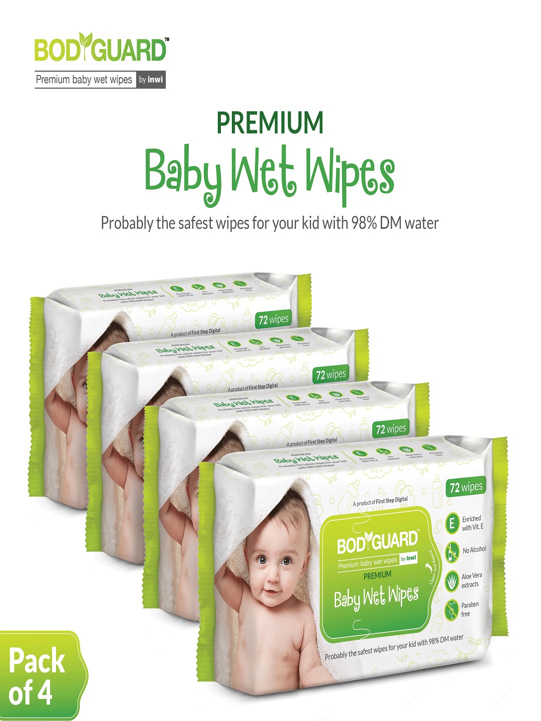 

BOD GUARD Pack of 4 Baby Wet Wipes with Aloe Vera - 72 each, White