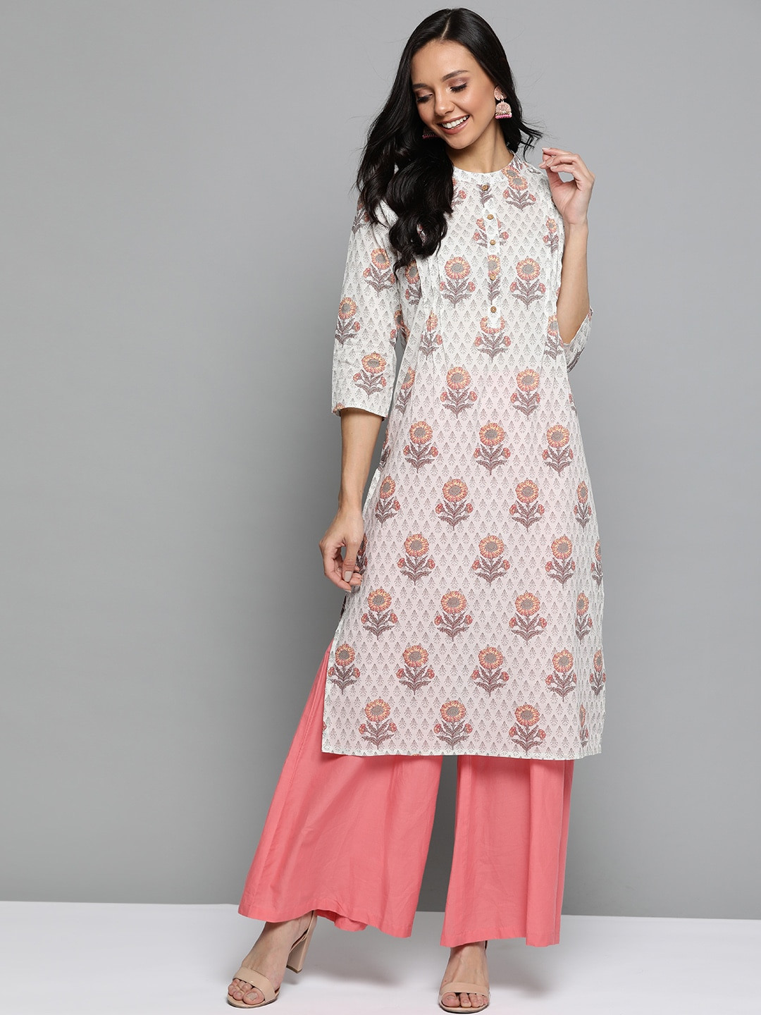

HERE&NOW Women White & Grey Ethnic Printed Straight Kurta