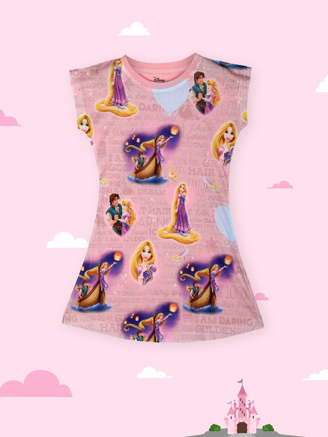 

YK Disney Girls Pink Disney Princess Rapunzel Print T-shirt Dress
